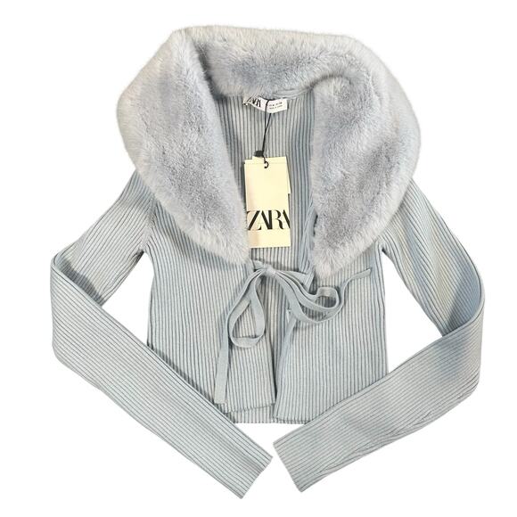 Zara Women's Faux Fur Trim Detachable Collar Knit Cardigan Size M - Picture 2 of 6
